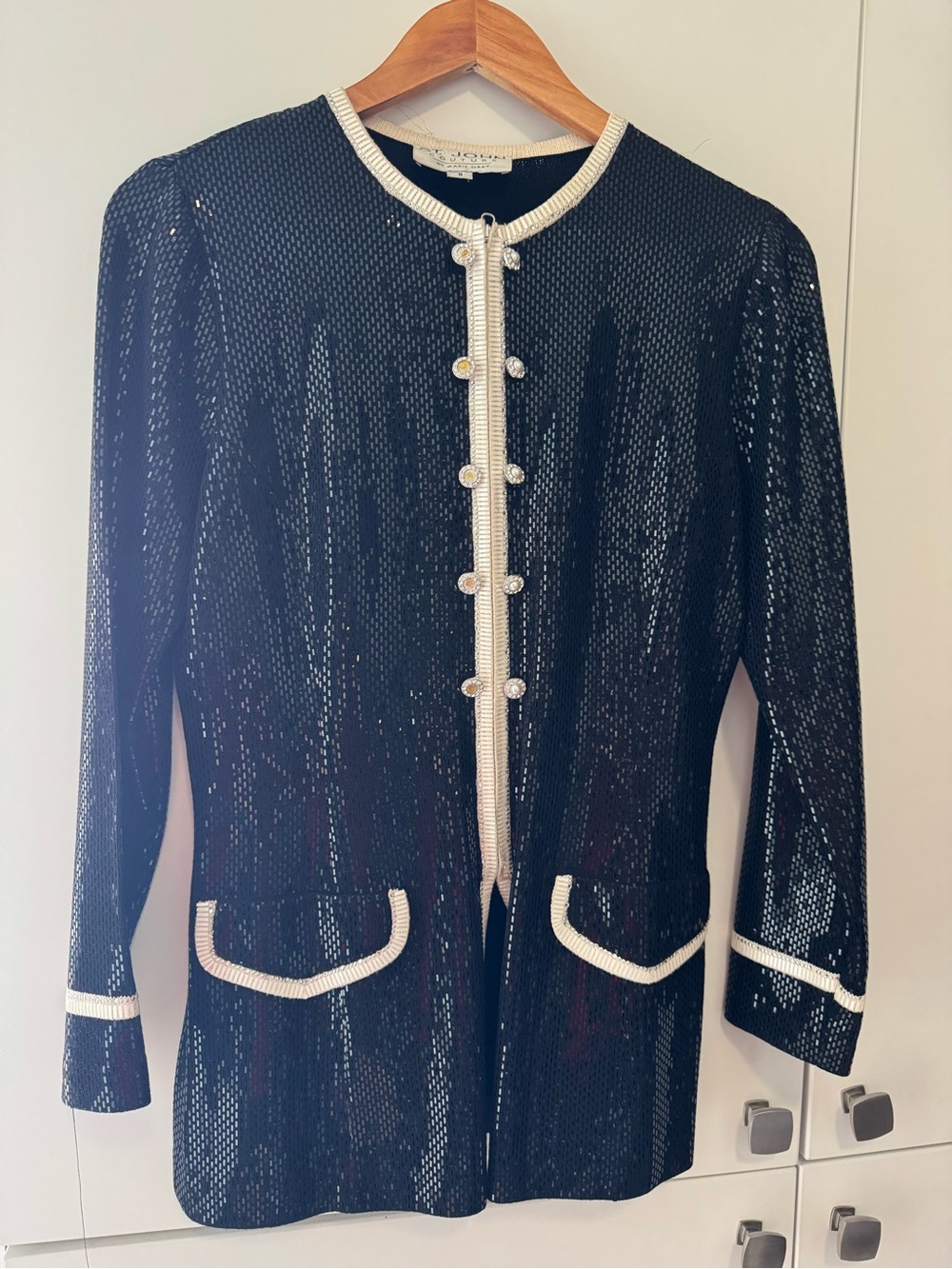 St. John Black Sequin Blazer with Cream Trim and Pearl-Style Buttons